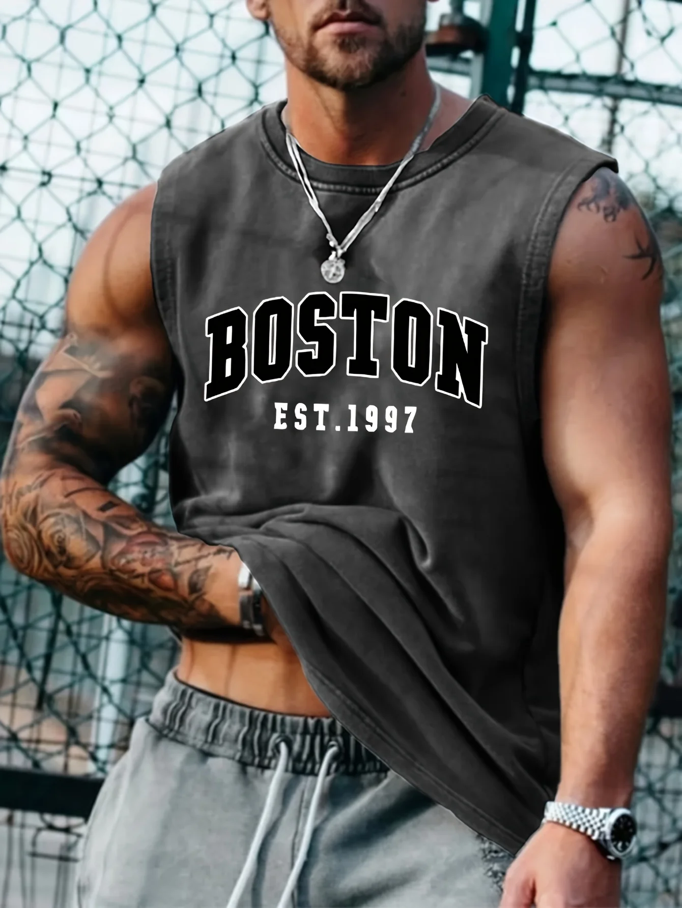 Men's summer fashion casual sports loose Boston est 1997 Print comfortable breathable round neck sleeveless vest thumbnail 4