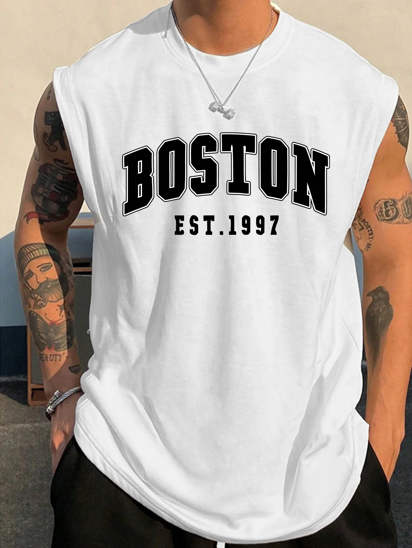 Men's summer fashion casual sports loose Boston est 1997 Print comfortable breathable round neck sleeveless vest thumbnail 2