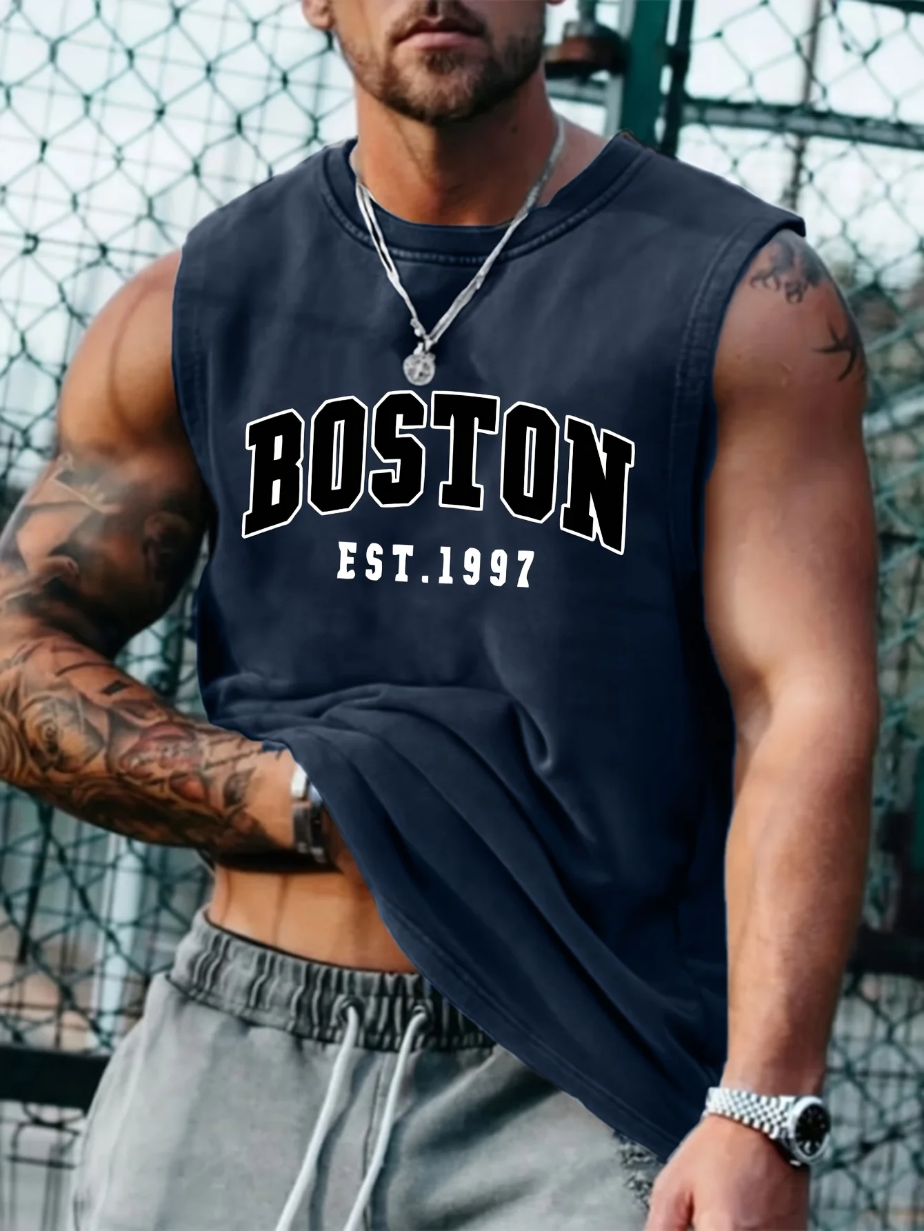 Men's summer fashion casual sports loose Boston est 1997 Print comfortable breathable round neck sleeveless vest thumbnail 3