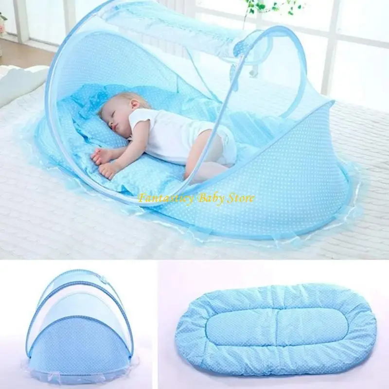J6BE 1 Set Foldable Baby Crib Netting Tent with Soft Sleeping Pad and Pillow Portable Design for Infant Travel Home Camping