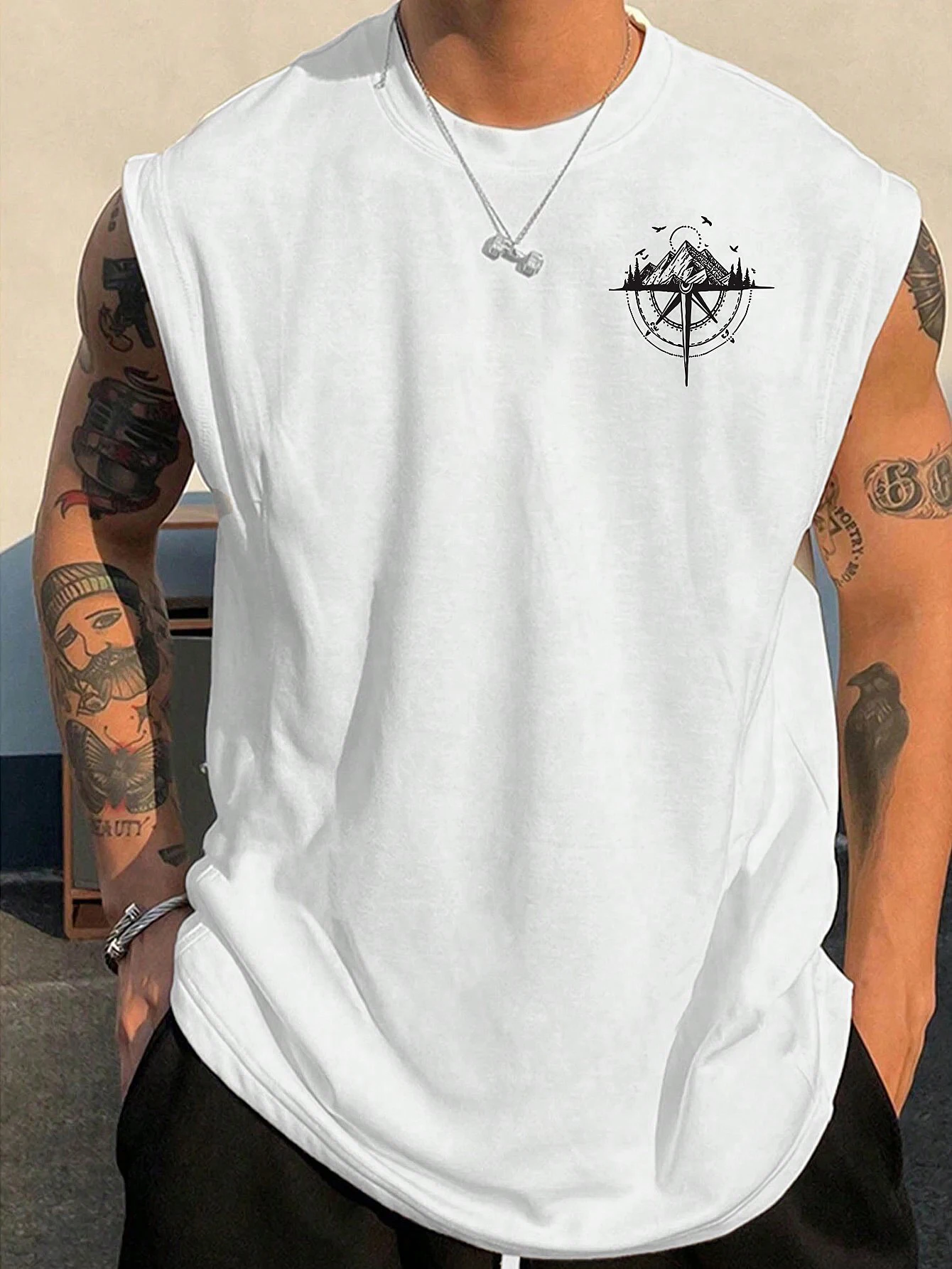 Men's fashionable casual sports loose compass and mountain pattern print comfortable and breathable round neck sleeveless vest thumbnail 2
