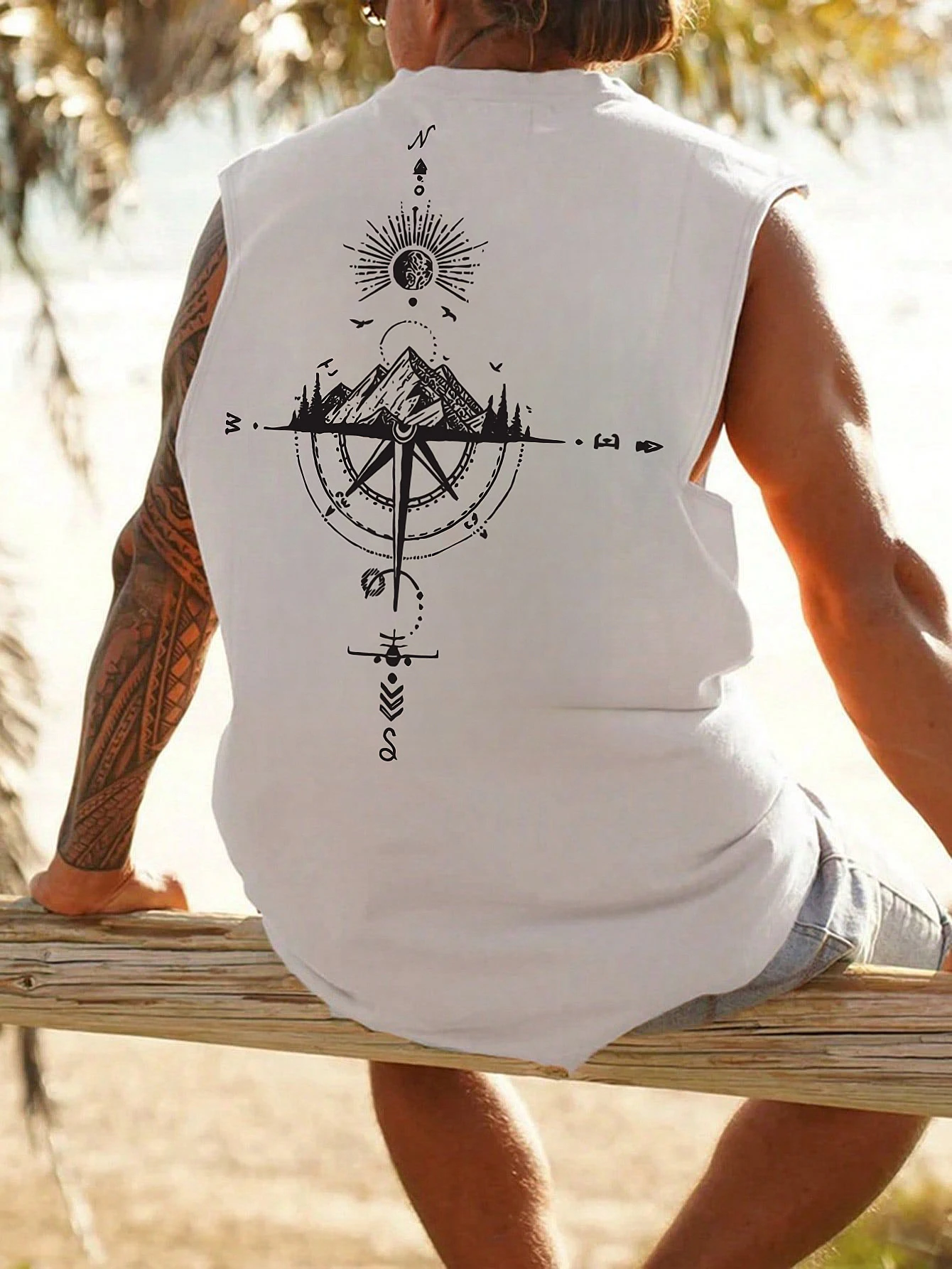 Men's fashionable casual sports loose compass and mountain pattern print comfortable and breathable round neck sleeveless vest