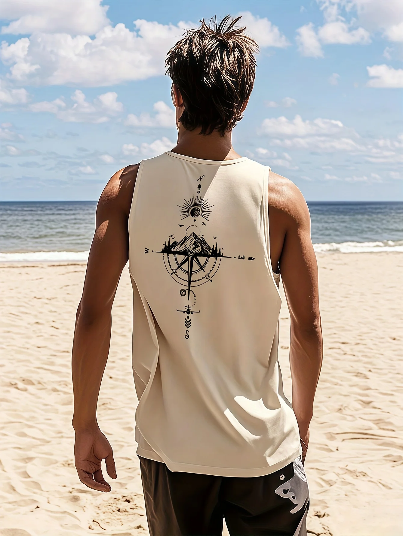 Men's fashionable casual sports loose compass and mountain pattern print comfortable and breathable round neck sleeveless vest thumbnail 5