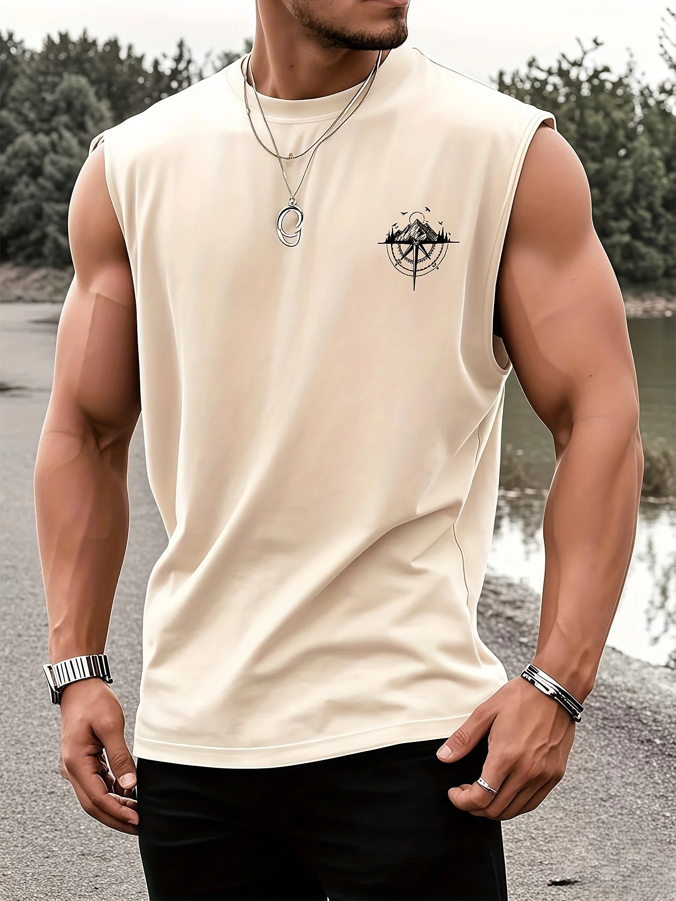 Men's fashionable casual sports loose compass and mountain pattern print comfortable and breathable round neck sleeveless vest thumbnail 6