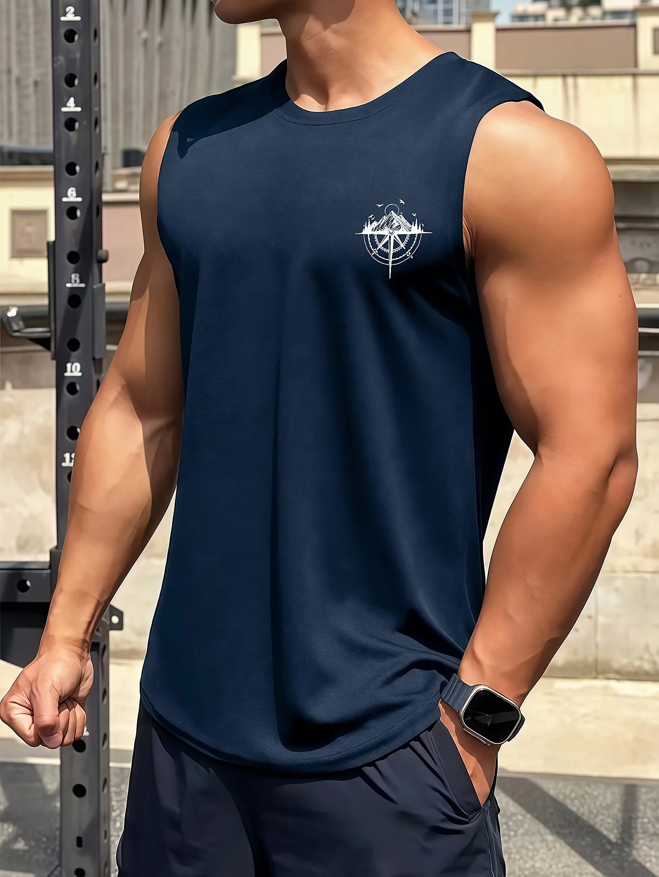 Men's fashionable casual sports loose compass and mountain pattern print comfortable and breathable round neck sleeveless vest thumbnail 4