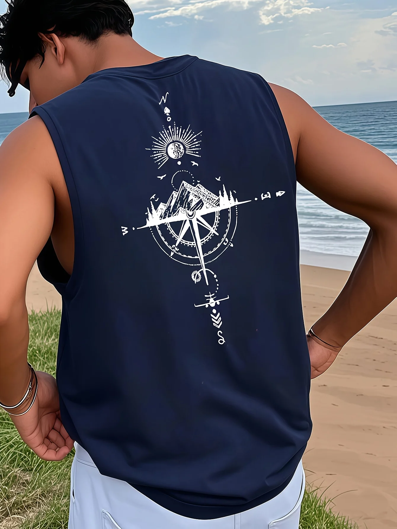 Men's fashionable casual sports loose compass and mountain pattern print comfortable and breathable round neck sleeveless vest thumbnail 3