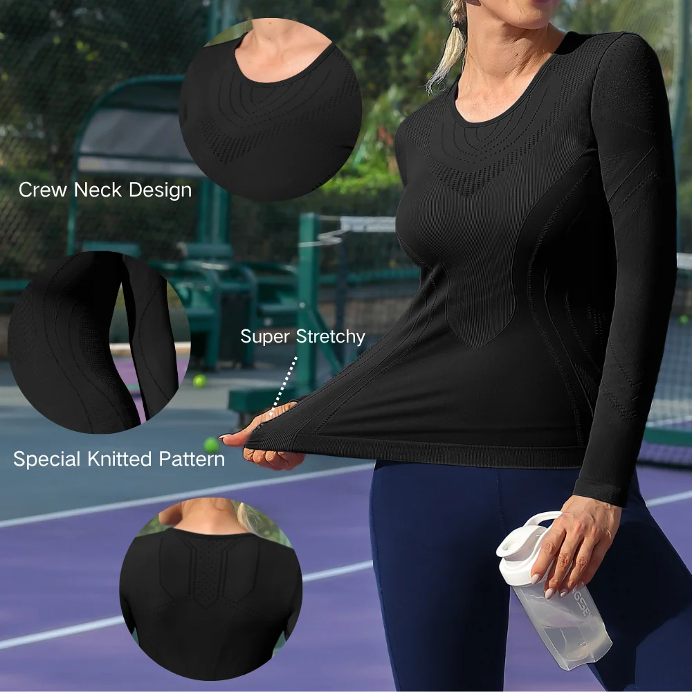 Anfilia Women Compression Tops Crew Neck High Elastic Long Sleeves Slim Fit Base Layer Yoga Workout Tops For Fall&Winter thumbnail 4