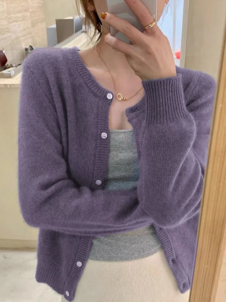 2026 Long Sleeve Vintage Y2k Tops Korean Knitted Cardigan Women's Autumn Winter Fashion O-Neck Versatile Slimming Basis Sweater