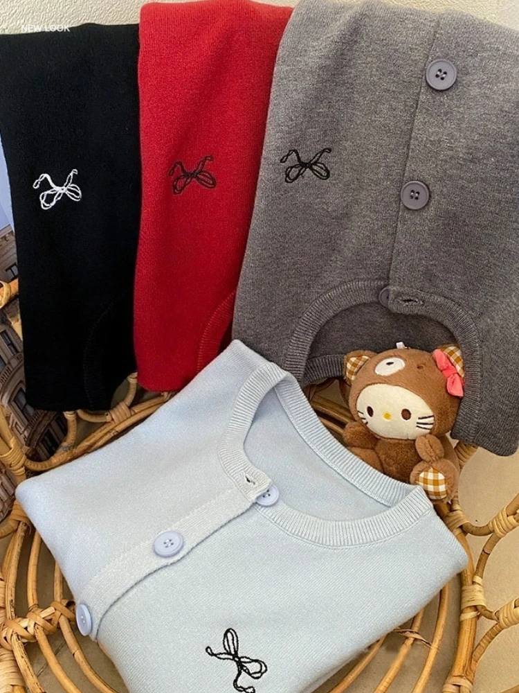 Fashion O-Neck Single-breasted Tops Korean Style Bow Embroidered Knitted Cardigan Women Autumn Winter Solid Full Sleeve Sweater thumbnail 2