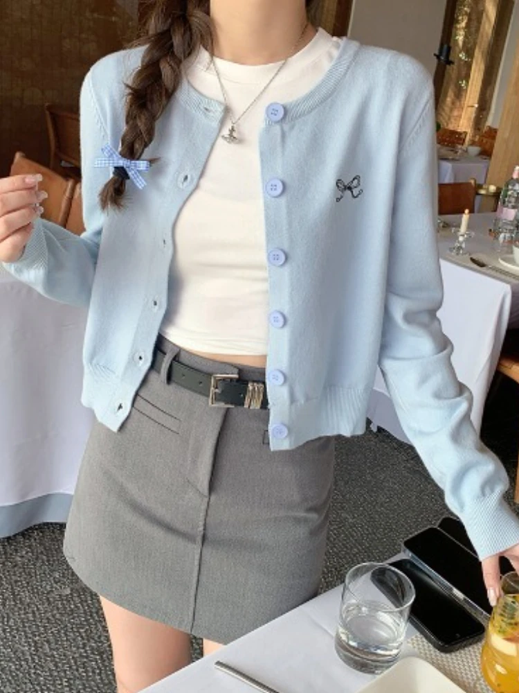 Fashion O-Neck Single-breasted Tops Korean Style Bow Embroidered Knitted Cardigan Women Autumn Winter Solid Full Sleeve Sweater