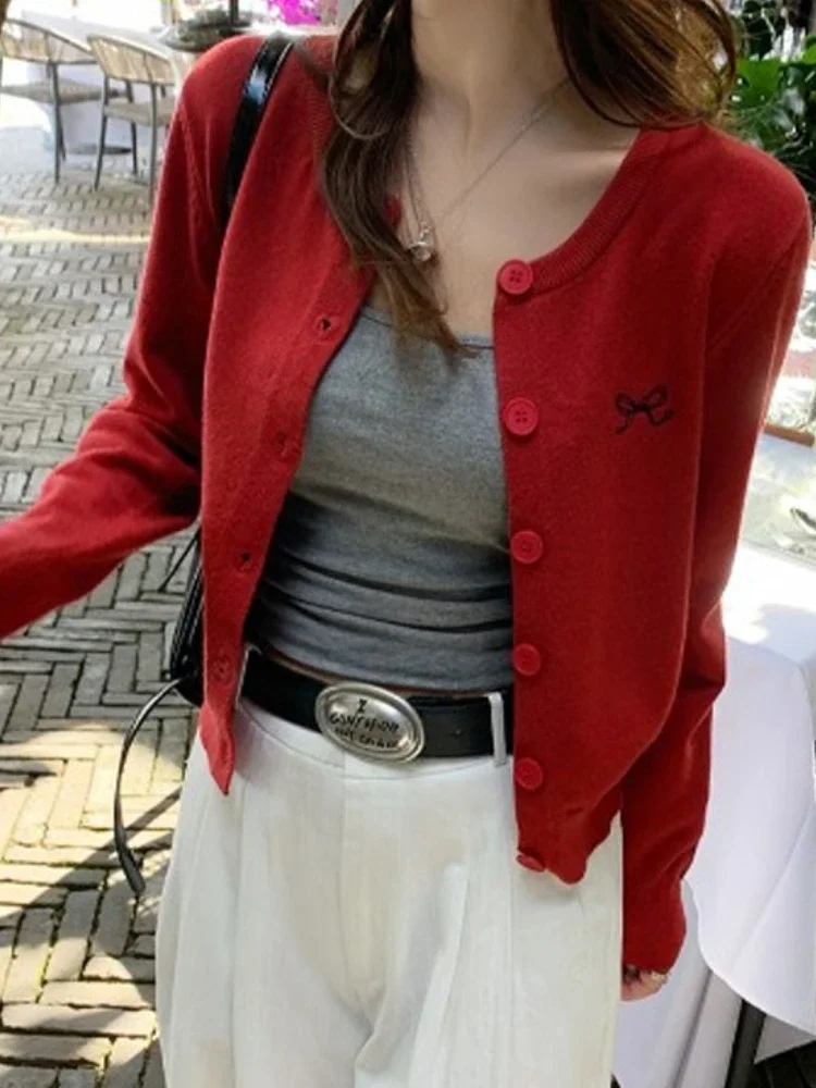 Fashion O-Neck Single-breasted Tops Korean Style Bow Embroidered Knitted Cardigan Women Autumn Winter Solid Full Sleeve Sweater thumbnail 3