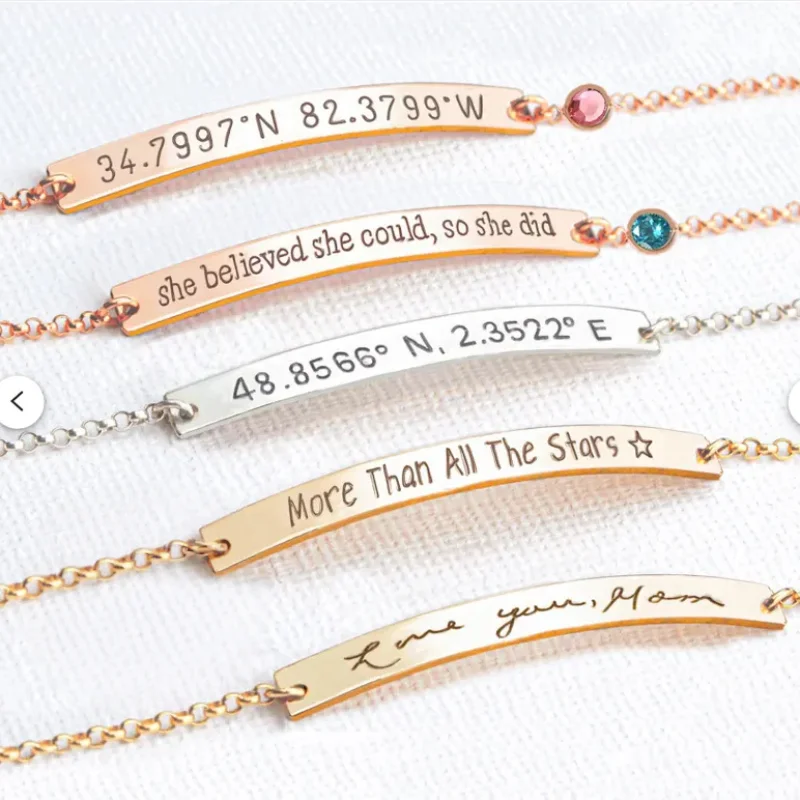 Amaxer Personalized Gold Color Bar Custom Name Bracelet Engraved Initial Nameplate with Birthstone Bracelet for Women Men Gifts thumbnail 2