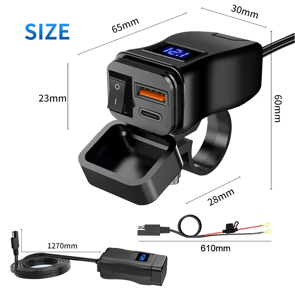 PD QC3.0 Motorcycle USB Fast Charger Handlebar Dual USB Socket Waterproof 12V Power Supply Adapter with Switch Voltmeter thumbnail 6