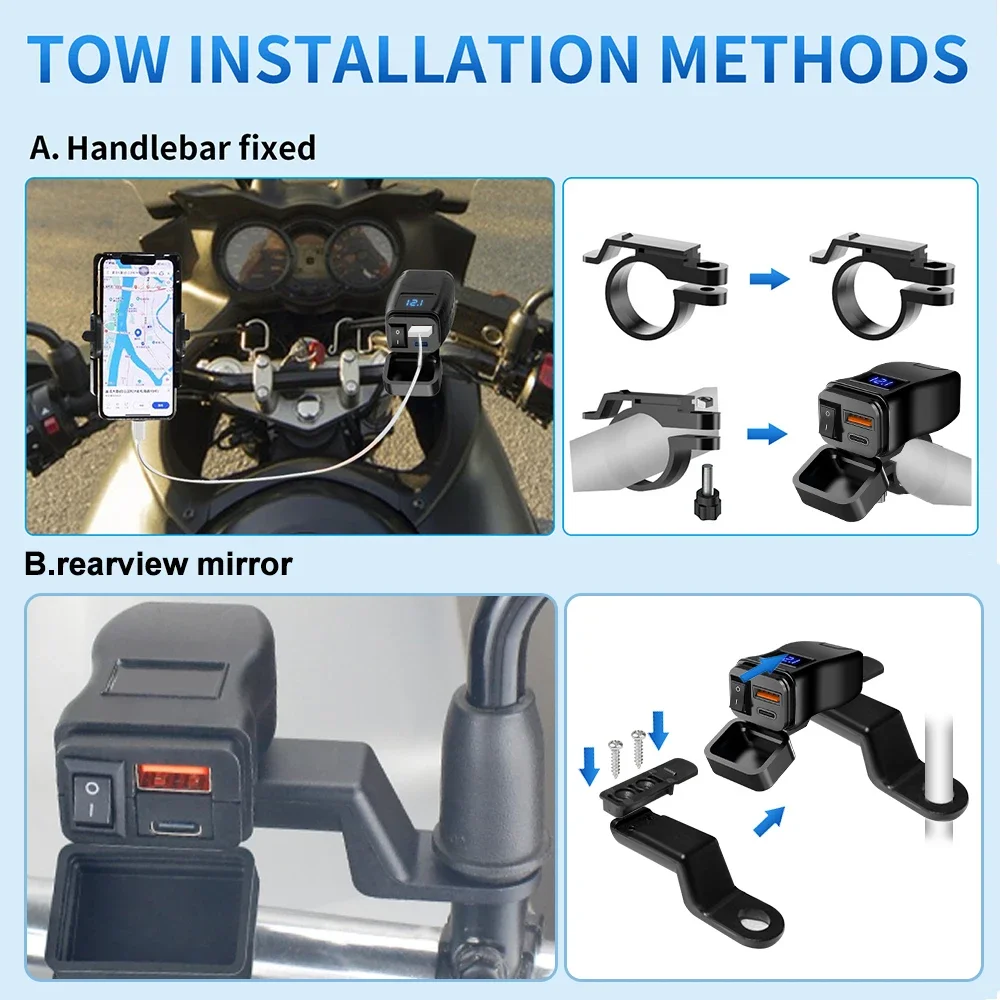 PD QC3.0 Motorcycle USB Fast Charger Handlebar Dual USB Socket Waterproof 12V Power Supply Adapter with Switch Voltmeter thumbnail 4