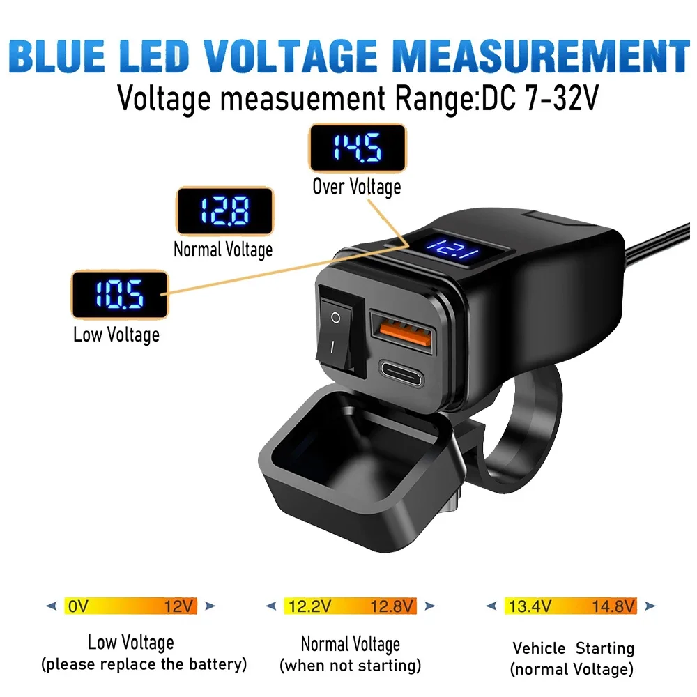 PD QC3.0 Motorcycle USB Fast Charger Handlebar Dual USB Socket Waterproof 12V Power Supply Adapter with Switch Voltmeter thumbnail 2