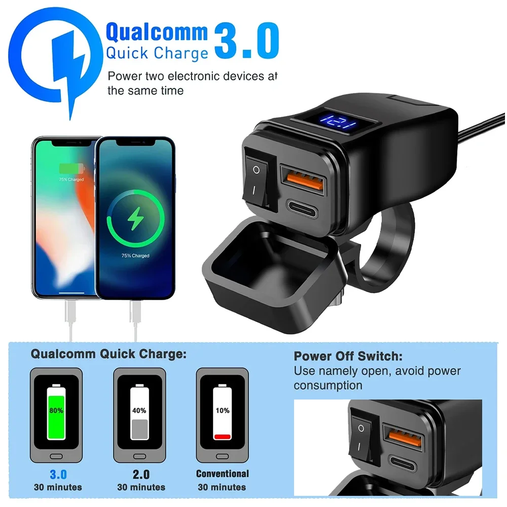 PD QC3.0 Motorcycle USB Fast Charger Handlebar Dual USB Socket Waterproof 12V Power Supply Adapter with Switch Voltmeter thumbnail 3