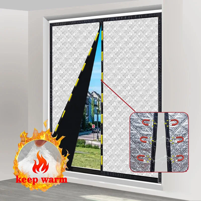 Winter cotton curtains thickened, windproof, soundproof, home self-adhesive magnetic windows for warmth and cold resistance