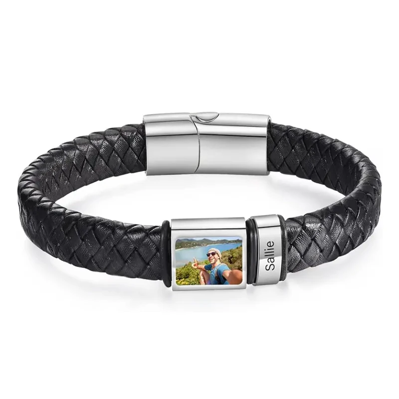 Personalized Photo Name Bracelet for Men Custom Picture Bracelet Leather Engraved Name Bracelet Jewelry Gift for Men Boy Husband thumbnail 2