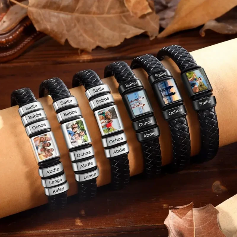 Personalized Photo Name Bracelet for Men Custom Picture Bracelet Leather Engraved Name Bracelet Jewelry Gift for Men Boy Husband thumbnail 3