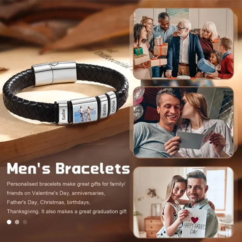 Personalized Photo Name Bracelet for Men Custom Picture Bracelet Leather Engraved Name Bracelet Jewelry Gift for Men Boy Husband thumbnail 4