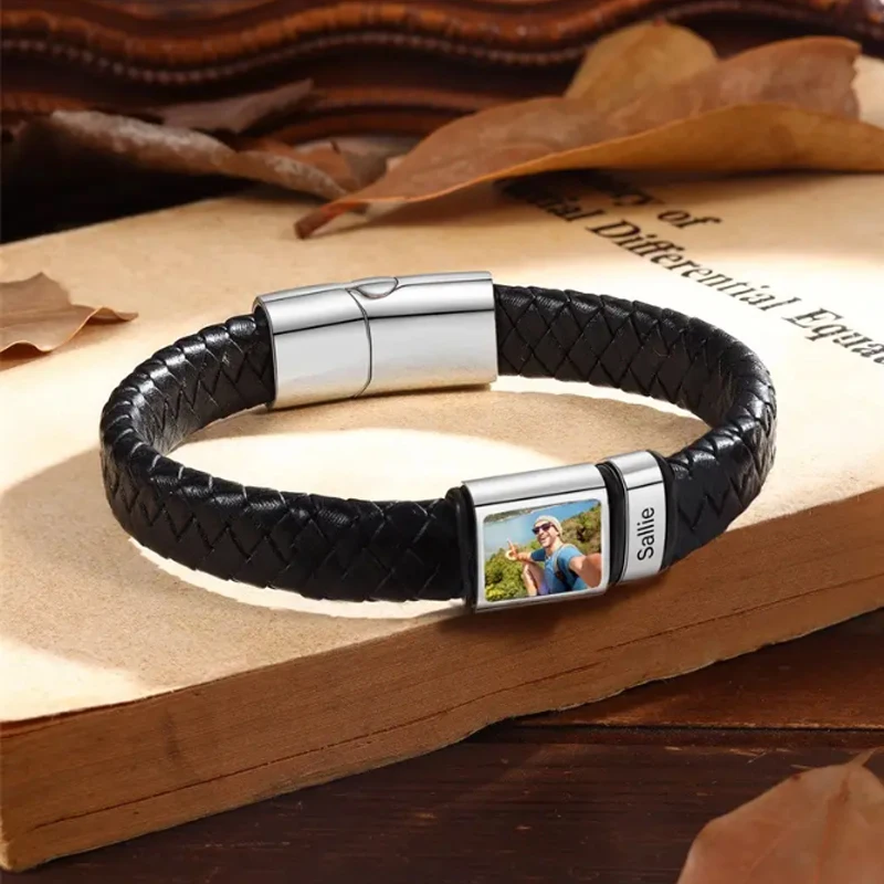 Personalized Photo Name Bracelet for Men Custom Picture Bracelet Leather Engraved Name Bracelet Jewelry Gift for Men Boy Husband
