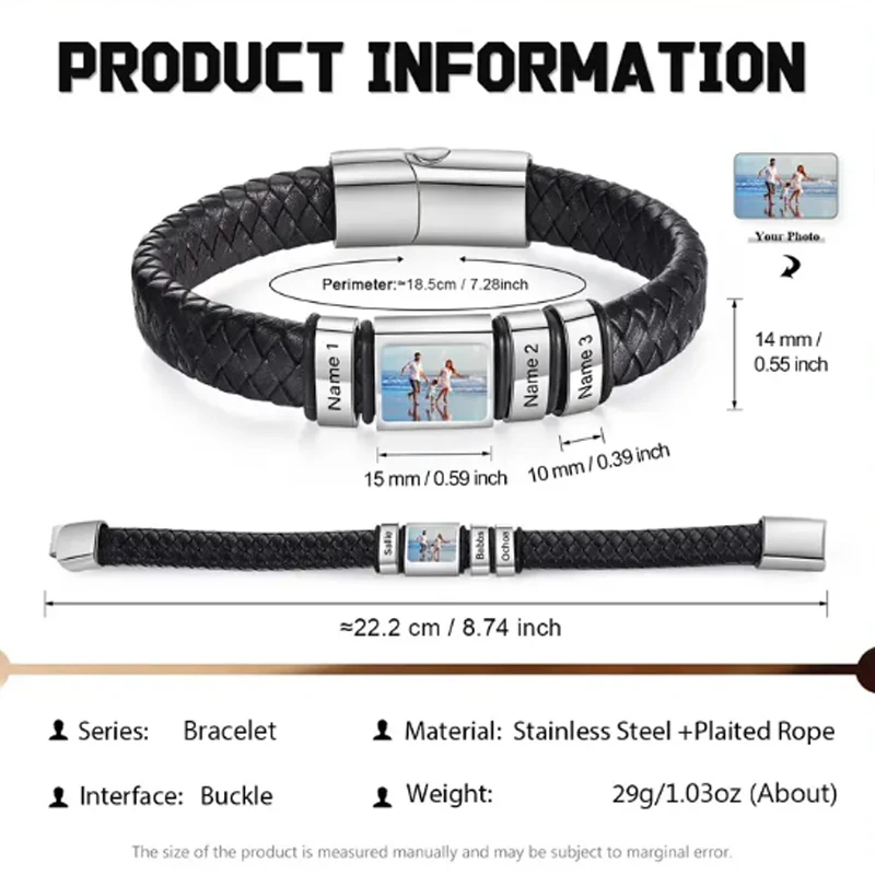 Personalized Photo Name Bracelet for Men Custom Picture Bracelet Leather Engraved Name Bracelet Jewelry Gift for Men Boy Husband thumbnail 6