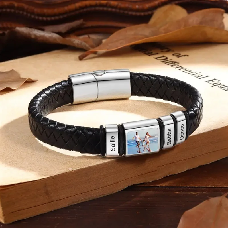 Personalized Photo Name Bracelet for Men Custom Picture Bracelet Leather Engraved Name Bracelet Jewelry Gift for Men Boy Husband thumbnail 5