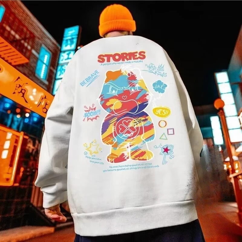 M-8XL Men Oversized Sweatshirt Fashion Loose American Style Trendy Color Graffiti Bear Print Long Sleeve Couple Clothes thumbnail 2