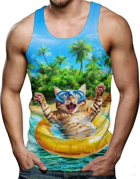 Funny Shark Cat 3D Print Tank Tops Men's Summer Oversized O-Neck Vest Fitness Gym Streetwear Sleeveless Beach Tops Men Clothing thumbnail 4