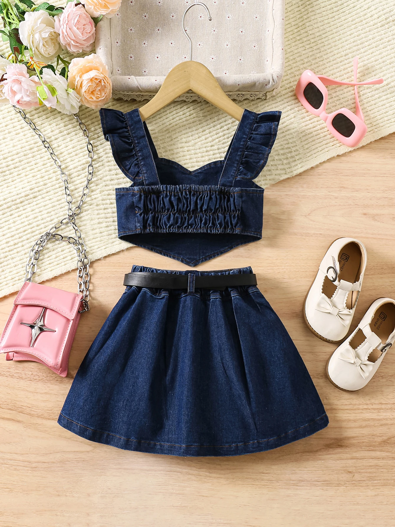 Little Girls 1-8 Years Summer Flutter Sleeves Two Pieces Solid Denim Top+Dress with Clothing Set thumbnail 2