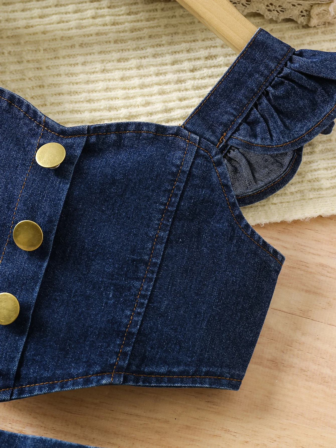 Little Girls 1-8 Years Summer Flutter Sleeves Two Pieces Solid Denim Top+Dress with Clothing Set thumbnail 3