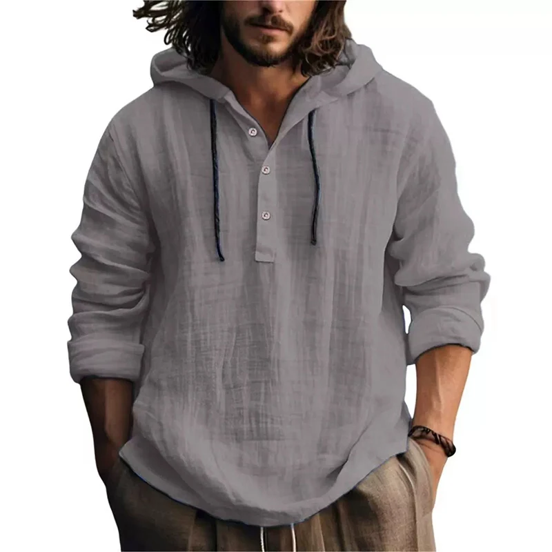2025 New Men's Casual Blouse Cotton Linen Shirt Loose Tops Long Sleeve Tee Shirt Spring Autumn Casual Men's Shirts Hoodie thumbnail 4