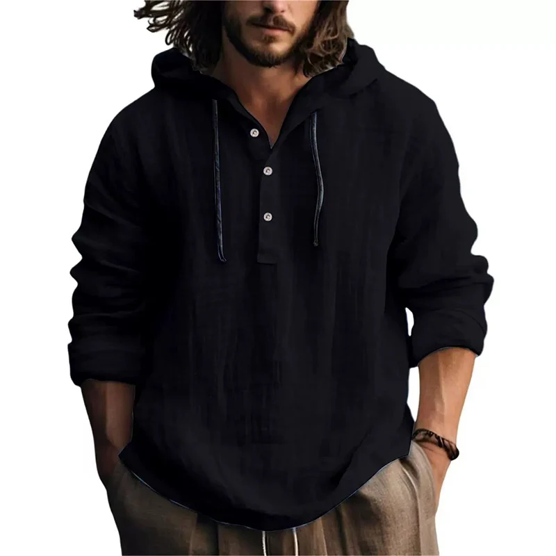 2025 New Men's Casual Blouse Cotton Linen Shirt Loose Tops Long Sleeve Tee Shirt Spring Autumn Casual Men's Shirts Hoodie thumbnail 5