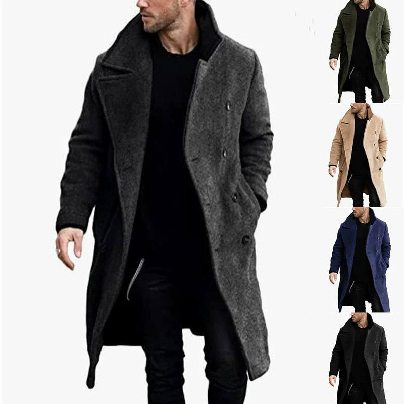 Autumn Winter Men's Woolen Trench Solid Turn Down Collar Long Coats Male Fashion Double Breasted Smart Casual Woolen Windbreaker thumbnail 6