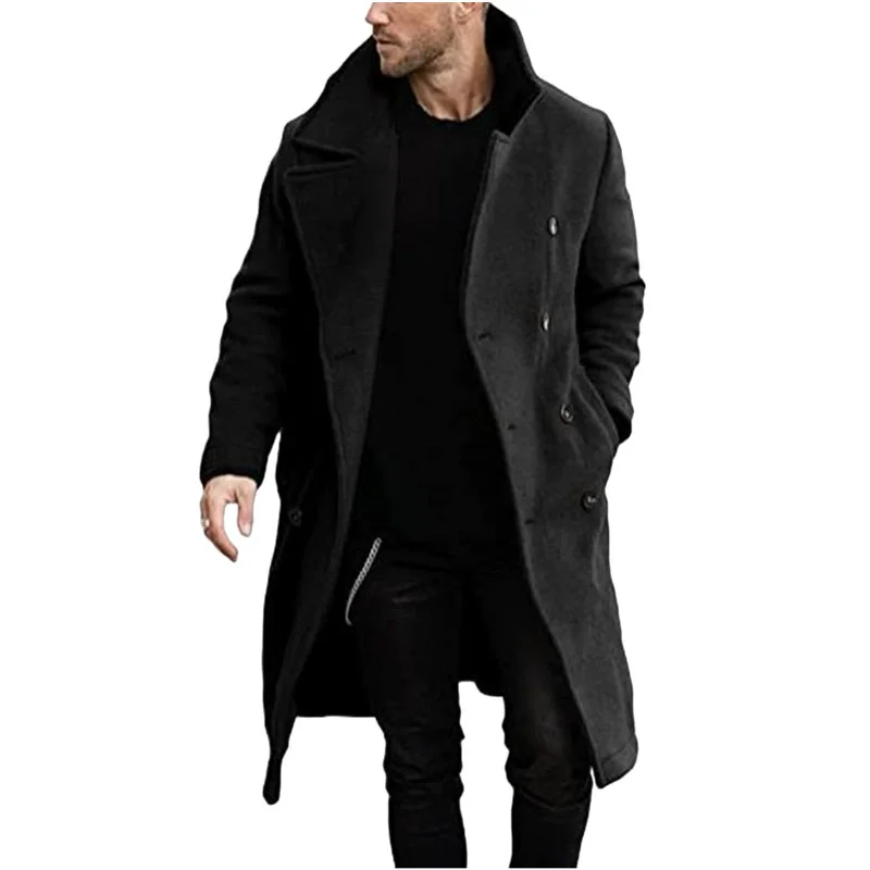 Autumn Winter Men's Woolen Trench Solid Turn Down Collar Long Coats Male Fashion Double Breasted Smart Casual Woolen Windbreaker thumbnail 2