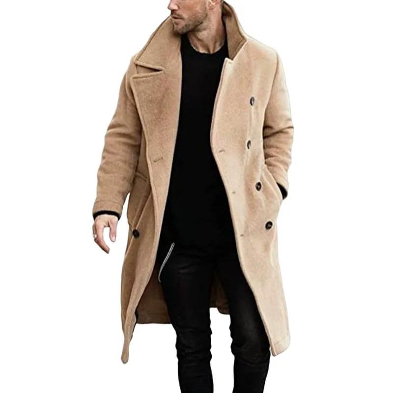 Autumn Winter Men's Woolen Trench Solid Turn Down Collar Long Coats Male Fashion Double Breasted Smart Casual Woolen Windbreaker thumbnail 4