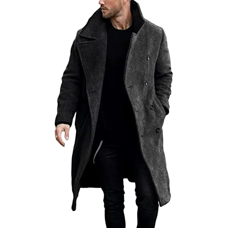 Autumn Winter Men's Woolen Trench Solid Turn Down Collar Long Coats Male Fashion Double Breasted Smart Casual Woolen Windbreaker thumbnail 5