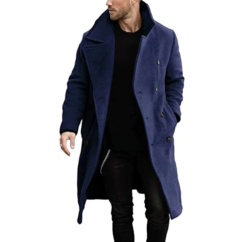 Autumn Winter Men's Woolen Trench Solid Turn Down Collar Long Coats Male Fashion Double Breasted Smart Casual Woolen Windbreaker thumbnail 3