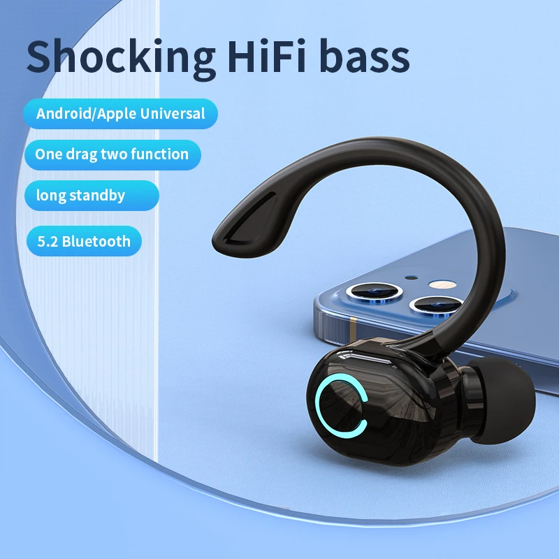 Bluetooth 5.2 Business Wireless Headphone Ear-Hook Mini HIFI Bass Noise Cancelling Earphone With Mic Sport Game Headset thumbnail 3