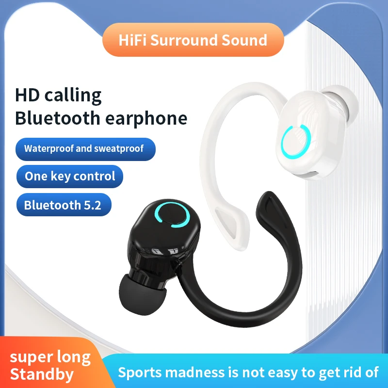 Bluetooth 5.2 Business Wireless Headphone Ear-Hook Mini HIFI Bass Noise Cancelling Earphone With Mic Sport Game Headset thumbnail 2