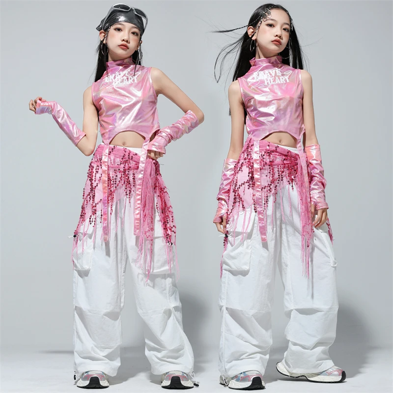 Kids Street Dance Jazz Performance Costumes Girls Hip Hop Clothes Fashion Catwalk Stage Shiny Sleeveless Crop Top Long Pant Suit