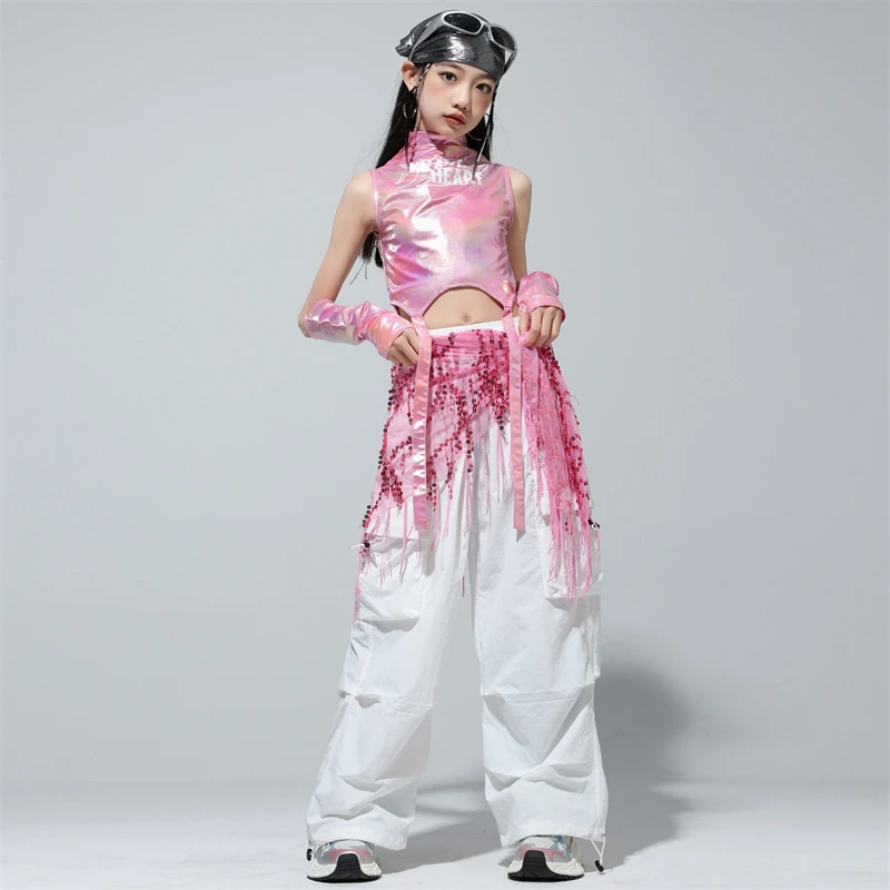 Kids Street Dance Jazz Performance Costumes Girls Hip Hop Clothes Fashion Catwalk Stage Shiny Sleeveless Crop Top Long Pant Suit thumbnail 3