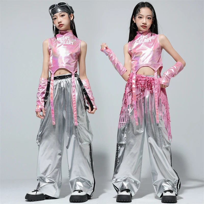 Kids Street Dance Jazz Performance Costumes Girls Hip Hop Clothes Fashion Catwalk Stage Shiny Sleeveless Crop Top Long Pant Suit thumbnail 4