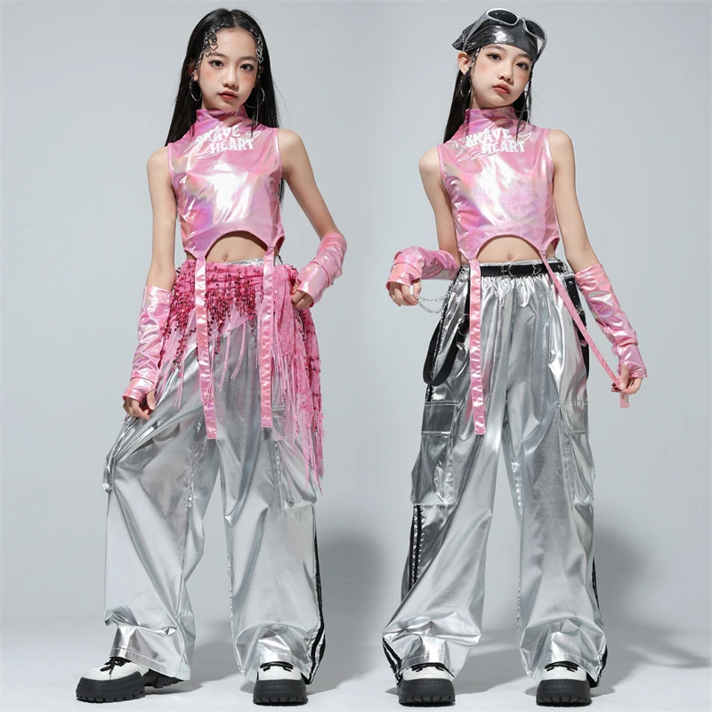 Kids Street Dance Jazz Performance Costumes Girls Hip Hop Clothes Fashion Catwalk Stage Shiny Sleeveless Crop Top Long Pant Suit thumbnail 2