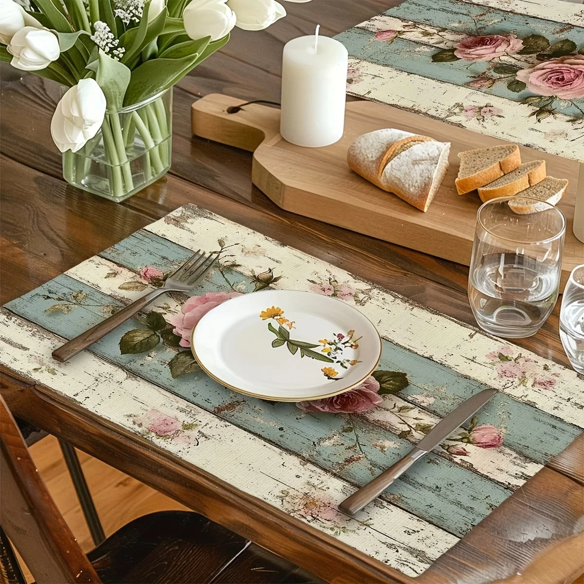 VIKAM 4/6/8/10pcs Vintage Rose Print Table Mat Easy-to-Clean Dining Table Protective Pad Kitchen Restaurant Placemat Decoration thumbnail 4
