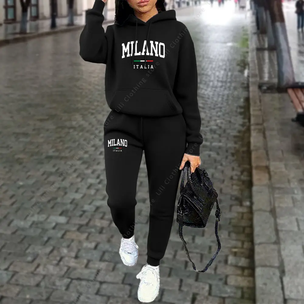 Autumn Winter Women's Sets 2pcs Hoodies Pants Suit Sports Outfits 2025 MILANO Letter Print Aesthetic Clothes Ladies Tracksuit thumbnail 2