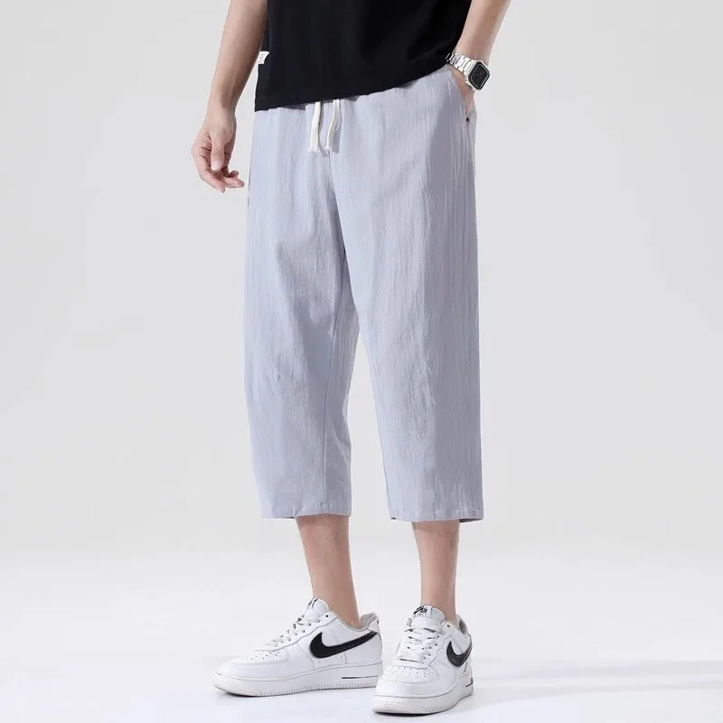 Summer casual linen cropped pants new solid color straight leg men's lightweight large solid color imitation linen cropped pants thumbnail 6
