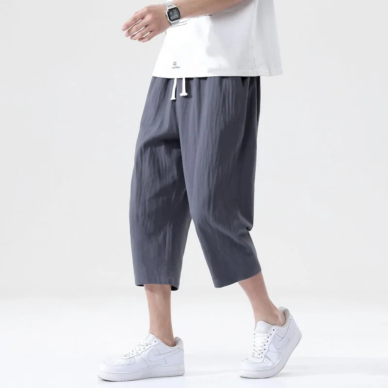 Summer casual linen cropped pants new solid color straight leg men's lightweight large solid color imitation linen cropped pants thumbnail 3