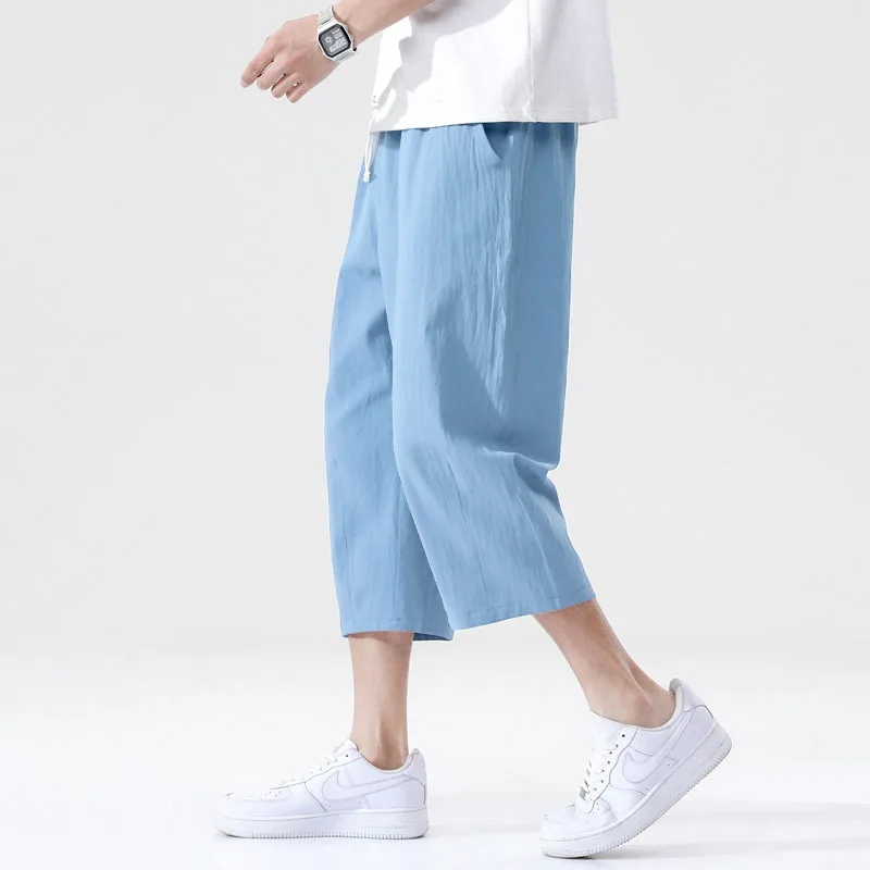 Summer casual linen cropped pants new solid color straight leg men's lightweight large solid color imitation linen cropped pants thumbnail 5