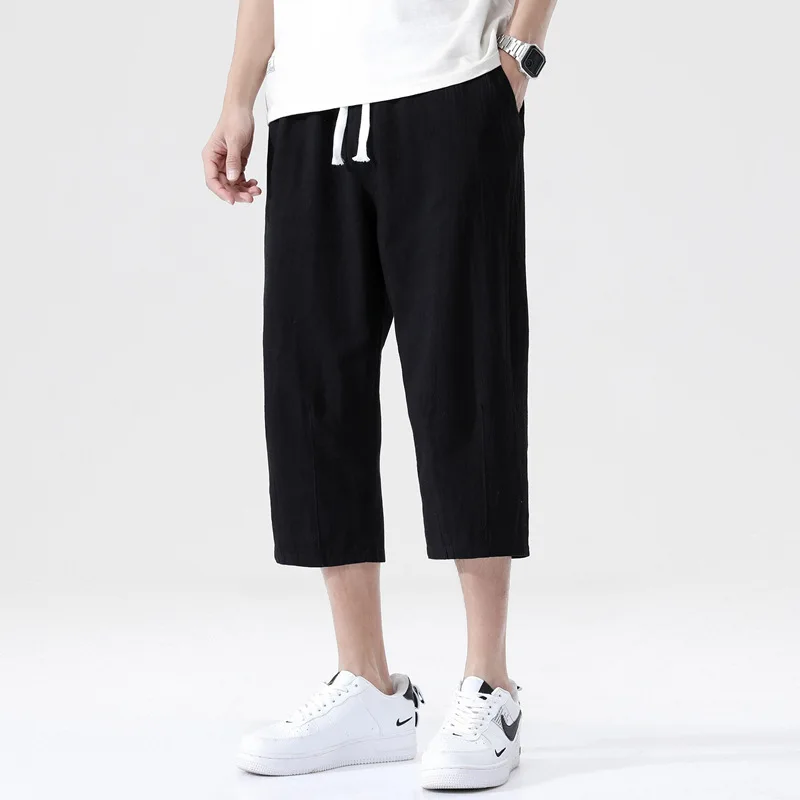 Summer casual linen cropped pants new solid color straight leg men's lightweight large solid color imitation linen cropped pants thumbnail 4